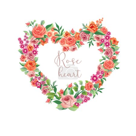 Illustration for Beautiful rose heart. Heart shaped wreath with vintage flowers. 3D roses and leaves. Valentine's Day or wedding decoration. Greeting card design. Bouquet decorative concept. Floral icon. Logo idea. - Royalty Free Image