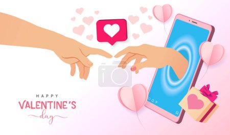 Illustration for Happy Valentines day with smartphone and touch hands from creation of Adam. Vector illustration - Royalty Free Image