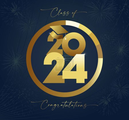 Illustration for Class of 2024 congratulations graduates trendy style postcard.  Golden medal design. Educational or scientific reward template. Round symbol, number and text. Greeting card concept. School banner. - Royalty Free Image