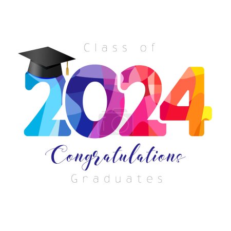 Illustration for Colorful graduating banner. Class of 2024 congratulations graduates, decoration concept. Collegel event invitation design. Watercolor style number. Greeting card template. Art school creative icon. - Royalty Free Image