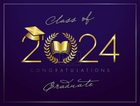 Illustration for School certificate creative concept with golden and silver elements. Gold number 2024 with palm leaf, open book and graduating cap. Class of 2024 congratulations graduate. Prom banner. Reward design. - Royalty Free Image