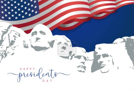 Illustration for Happy Presidents Day with waving flag USA and Mount Rushmore. Monument four US presidents, creative concept for holiday. Vector illustration - Royalty Free Image