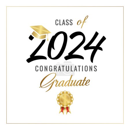 Illustration for Class of 2024 congratulations graduate certificate concept. Diploma design. School banner. Black and gold elements. Shiny golden medal and square cap. Prom invitation template. Creative typography. - Royalty Free Image