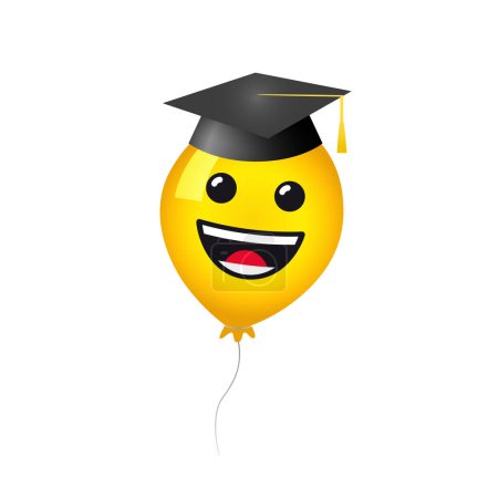 Illustration for Funny graduating icon. Yellow balloon with cute laughing face and academic hat, 3D graphic design. Educational creative character. Vector illustration. Holiday symbol. Isolated symbol. Prom banner. - Royalty Free Image
