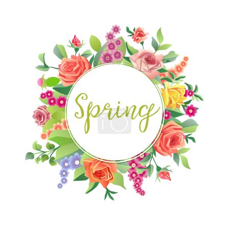 Illustration for Spring wreath. Floral icon. Hello spring greetings. Decorative concept. Vintage logo with 3D roses and leaves. Isolated template. Beautiful banner. Retro style flowers. Graphic design. Ethnic decor. - Royalty Free Image