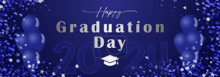 Illustration for Happy Graduation Day decorative banner with 3D elements. Class of 2024 school wallpaper. Prom decoration. Holiday blue background with glittering frame. Invitation template. Greeting card concept. - Royalty Free Image