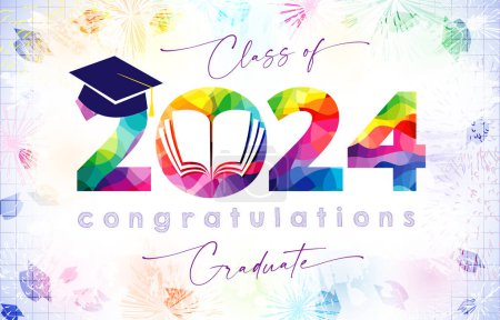 Illustration for Graduation party creative invitation or banner with bright number and graduating background and open notebook. Educational holiday event backdrop. Class of 2024 greeting card template. Colorful design - Royalty Free Image