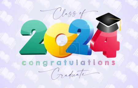 Illustration for Graduating wallpaper banner for 2024 graduates. 3D style creative number 2024 with square cap. Web icon. Educational background with open books or notebooks. Isolated elements. Prom invitation template. - Royalty Free Image