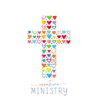 Creative cross with set of hand drawn style colorful hearts. Christian ministry logo concept. Sunday school cute symbol. Isolated elements. Flat design. Church icon template. Charity mission sign idea