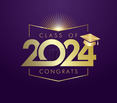 Illustration for Class of 2024 congrats, graduating logo design. Badge concept. T shirt graphic. Creative golden number 20 24 and academic cap. Open notebook and shiny sun. Gold gradient. Educational icon. School sign - Royalty Free Image