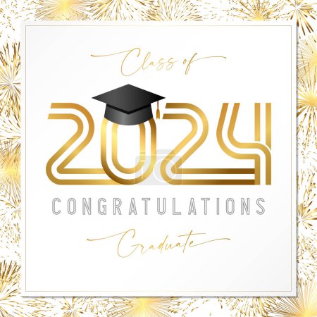 Illustration for Congratulations 2024 graduate greeting card design. Social media poster. Festive square backdrop with clipping mask. Gold fireworks cute texture. Diploma template. Class of 2024 prom invitation. - Royalty Free Image