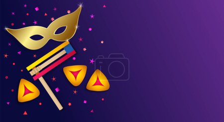 Illustration for Purim violet background with golden carnival mask raashan and hamentashen. Chag Purim sameach design for holiday card or banner. Vector illustration - Royalty Free Image