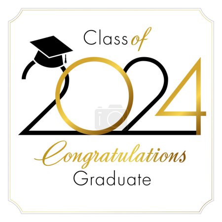Illustration for Certificate template for 2024 graduate. Class of 2024 school banner. Diploma design. Creative number and typography with golden elements. Sample postcard. Document template. Invitation concept. - Royalty Free Image