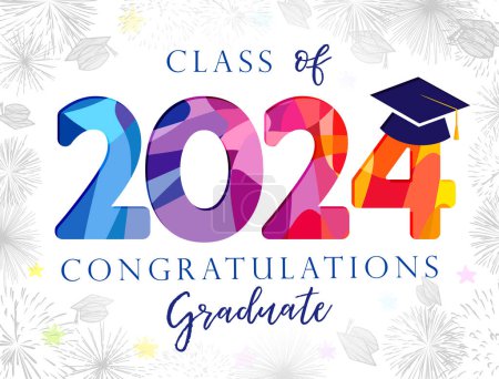 Illustration for Cute graduating postcard for class of 2024 graduates. Invitation design. Educational festive background and trendy number 2 0 2 4 with academic cap, Handdrawn style elements. Creative typography. - Royalty Free Image