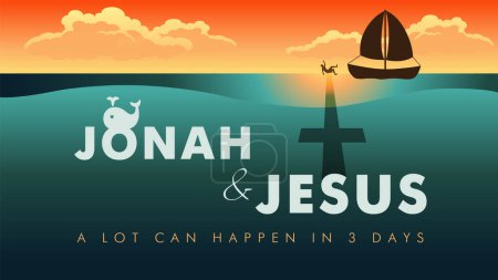Jonah and Jesus. A lot can happen in 3 days. Church service Easter Sunday concept. Sunrise, sea, boat and Jonah falling into the water. Vector illustration