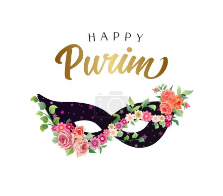 Happy Purim cute greetings. Decorative fsce mask with floral elements. Social media timeline post concept. Postcard design. Gift card template. Creative graphic. Set of vintage flowers. Pink roses.