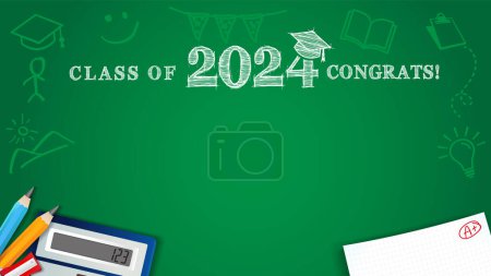 Klasse 2024 Gratulationen, Bleistifte und Kreidezeichnungen auf einer grünen Schultafel. Kreidezeichnung Text - Klasse 2024 mit quadratischer akademischer Mütze. Vektorillustration