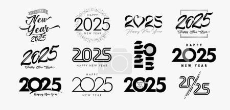 Mega conjunto de logotipos 2025 Feliz Año Nuevo diseño de texto. Feliz Año Nuevo 2025, concepto de negocio para la tarjeta de felicitación o portada del calendario. Ilustración vectorial