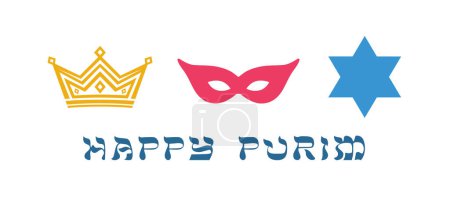 Purim horizontal banner with holiday items. Modern design. Minimalist style. Greeting card concept. Postcard template. Social media poster. Network timeline post. Queen Esther set of symbols.