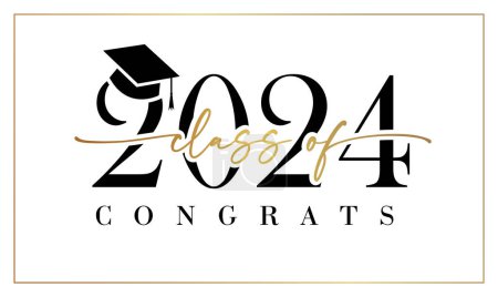 Illustration for Class of 2024 cute graphic logo concept. Congrats graduates banner. Diploma design. Typographic poster. Retro style number 2 0 2 4 and golden text with white background. School greetings or invitation - Royalty Free Image