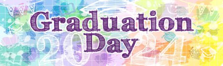 Illustration for Graduation Day horizontal banner. Colorful backdrop and chalk drawing style graphic elements. Congratulations graduates 2024 wallpaper decoration. Class of 2024 congrats web icon. School background. - Royalty Free Image