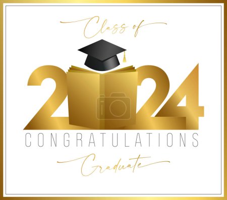 Illustration for Class of 2024 graduation congrats. Golden number 20 24 with open book. 3D graphic elements. Diploma design. Wallpaper banner with cute gold frame. Congratulations graduates. Certificate template. - Royalty Free Image