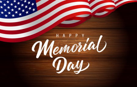 Feliz Día de los Caídos con la bandera 3d EE.UU. en tablones de madera. Ilustración vectorial