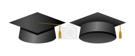 Illustration for Set of 3D academic hats. Educational items. Graduating collection. College hat with golden tassel. Realistic vector design of graduation cap. Black motarboard. Abstract template. School banner element - Royalty Free Image