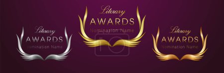 Illustration for Set of creative awards. Gold, silver and bronze elements. Literary or arts award concept. Modern wreath. Digital reward. Isolated design. Prize logo concept with metallic shiny gradient. Be awarded. - Royalty Free Image