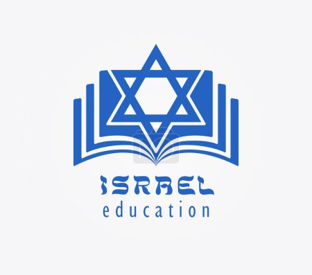Israël logo éducatif concept. Smartphone app icône créative. Livre bleu ouvert avec David Star. Symbole Torah numérique. Eléments isolés. Panneau éducatif. Modèle de logotype scolaire. Bannière médias sociaux.