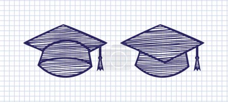 Illustration for Set of creative motarboards. Handdrawn sketch design. Notebook in cells texture. Isolated graduating hats. High school graduation graphic element. Abstract concept. Pen drawing style. Academic hats. - Royalty Free Image