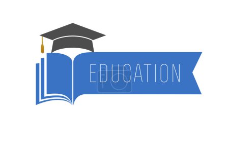 Illustration for Advertising educational banner design. School logo concept. College advertisement template. Open book with blank page, creative academic hat. Graduating icon. Isolated graphic elements. Vector clipart - Royalty Free Image