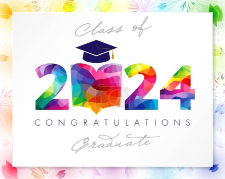 Illustration for Cute greeting card for class of 2024 graduates. Congratulations graduate school banner. Creative coloured number 2024 with open book icon. Isolated elements. Holiday background. Colorful picture frame - Royalty Free Image