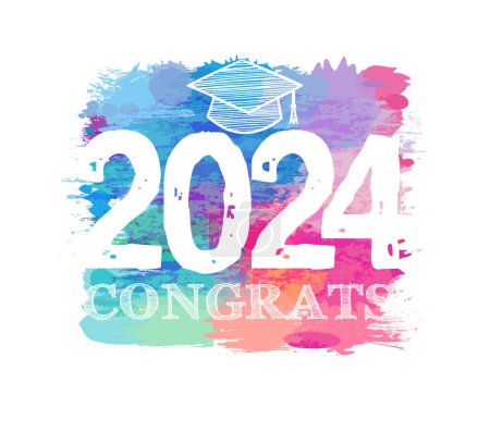 Illustration for Cute artistic colorful banner for class of 2024 graduates. Congrats concept. Modern style icon or logo. Web button. Modern style texture with brushing strokes. Colored elements. White number. - Royalty Free Image
