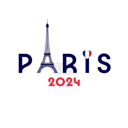París 2024, camiseta de diseño estampado con Torre Eiffel y bandera en el corazón. Concepto de viaje para Francia. Ilustración vectorial