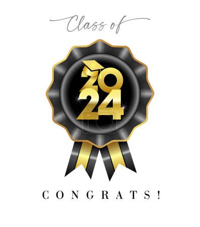Illustration for Class of 2024 congrats. Cute graduating banner concept with 3D graphic style black rosette and shiny golden elements. Creative badge. School awards design. Rewards ribbon template. Educational poster. - Royalty Free Image