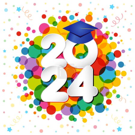 Illustration for Cute graduating banner with colorful abstract background. Holiday festive backdrop, coloured confetti, paper style number 2 0 2 4 and 3D blue motarboard icon. Sticker or label design. Badge template. - Royalty Free Image