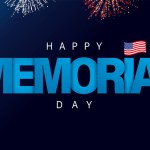 Happy Memorial Day creative inscription on a dark blue background. Text Memorial Day and colorful fireworks. Vector illustration