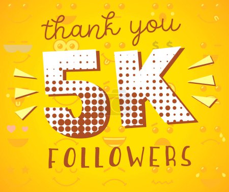 Illustration for Thank you 5.000 followers Internet banner. Social media poster for 5K subscribers. Network thanks for 5k users and likes. Blogging concept. Digital greeting card. Number with newspaper retro backdrop. - Royalty Free Image
