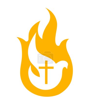 Logo de colombe Saint-Esprit. Bannière du dimanche de Pentecôte avec colombe en flamme et symbole de croix. Illustration vectorielle