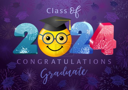 Illustration for Class of 2024 congratulations graduate greeting card. Bright wallpaper banner with Internet character face. 3D graphic design. Shiny colorful number. Web icon. Graduating 3 D emoticon. School template - Royalty Free Image