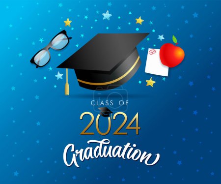 Class of 2024 Graduation creative banner concept with academic hat, glasses and apple. Congratulations graduates with black mortarboard cap, golden stars and test blank. Vector illustration
