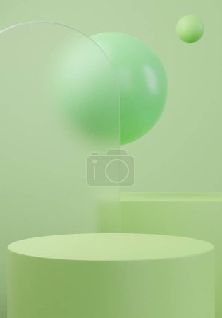 Téléchargez les photos : Affichage de produits verts verre givré podium et balles pour présentation cosmétique illustration de rendu 3D - en image libre de droit