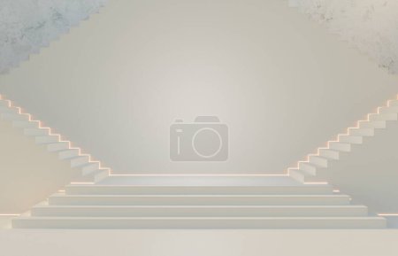 Téléchargez les photos : Escalier symétrique à deux côtés avec plate-forme plate-forme plate vierge avec lumière lumineuse pour la présentation du produit Illustration de rendu 3D - en image libre de droit