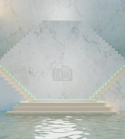 Téléchargez les photos : Escalier symétrique à deux côtés avec plate-forme plate-forme plate vierge avec éclairage pour la présentation du produit et la surface de l'eau illustration de rendu 3d - en image libre de droit