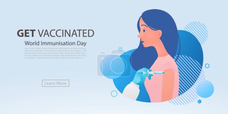 Ilustración de World Immunization Day concept. Woman getting vaccinated illustration on blue background. Preventive healthcare banner - Imagen libre de derechos