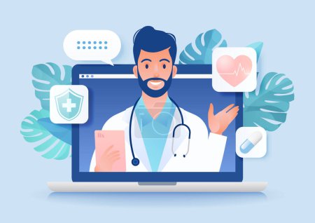 Telemedicine concept vector illustration. Patient video calling to see doctor using online technology through laptop computer