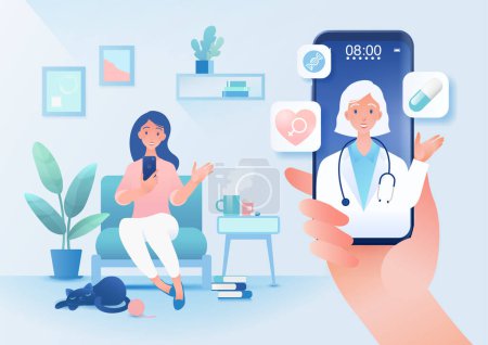 Ilustración de Online medical consultation with a doctor via a smartphone. Vector illustration in flat style. - Imagen libre de derechos