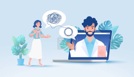 Illustration for Flat Cartoon of female patient seeking help from psychiatrist for psycho therapy via laptop using internet online technology. Healthcare and medicine concept vector illustration. - Royalty Free Image