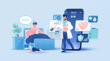 Illustration for Telemedicine concept vector illustration. Male patient seeing doctor using internet online technology through smart devices. - Royalty Free Image